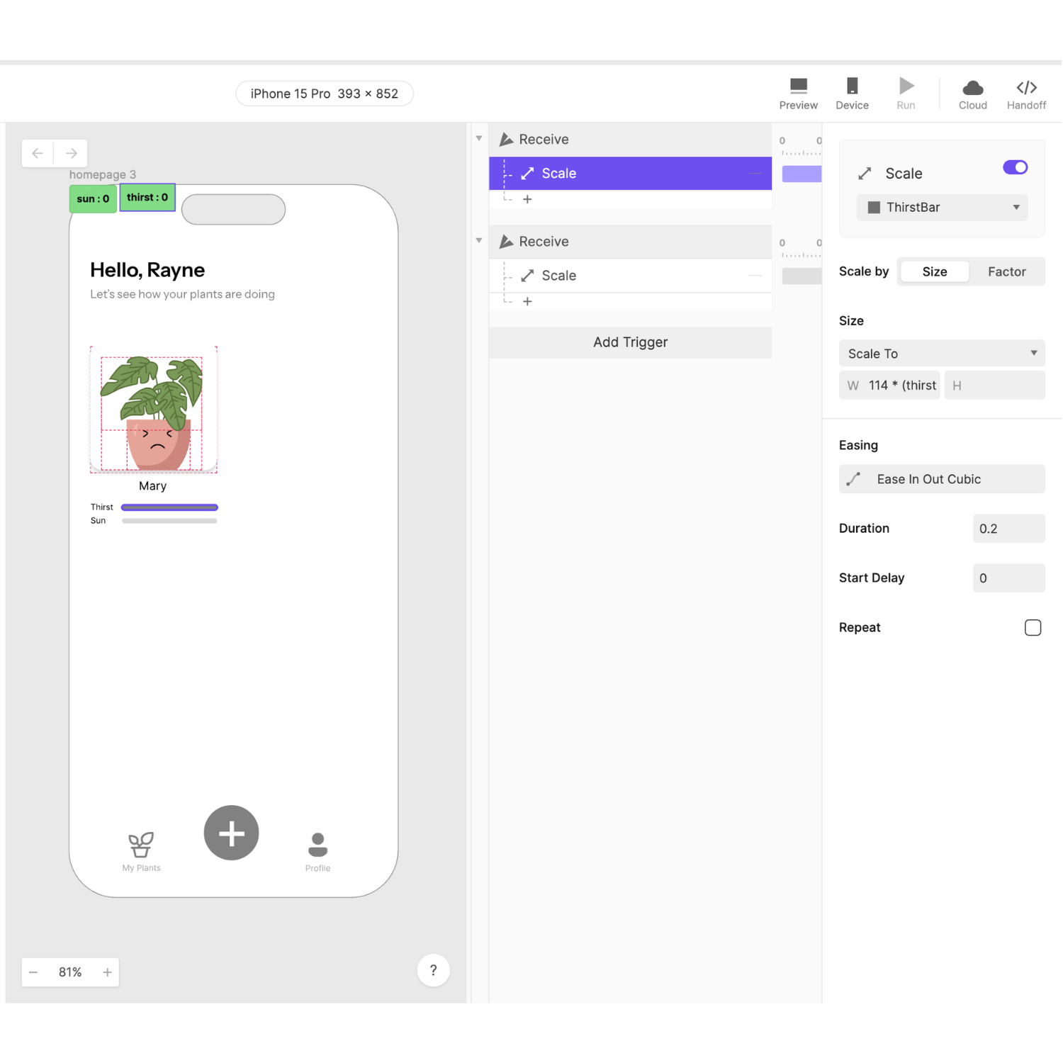 I then moved on to editing my prototype in ProtoPie and creating variables and interactions so it would read the data from the Arduino.