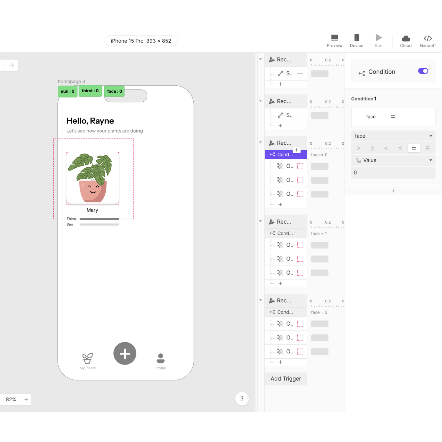 I created variables and conditionals in protopie so that the plant face would change depending on the numbers from the Arduino.
