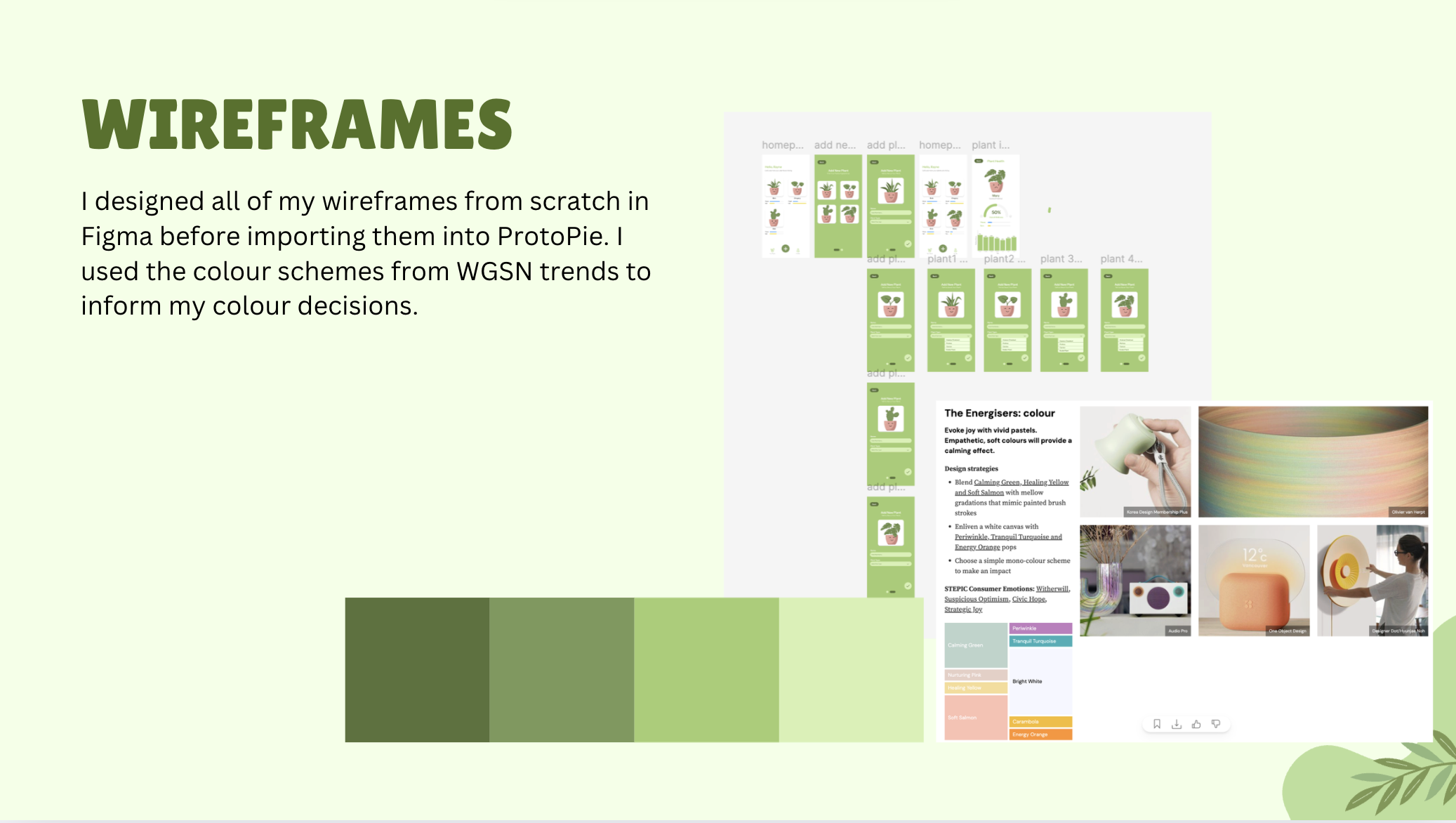 I designed my wireframes in Figma based on the colour scheme from my research on WGSN. 